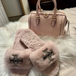 Tory Burch Light Pink Quilted Bag and Fuzzy Slippers